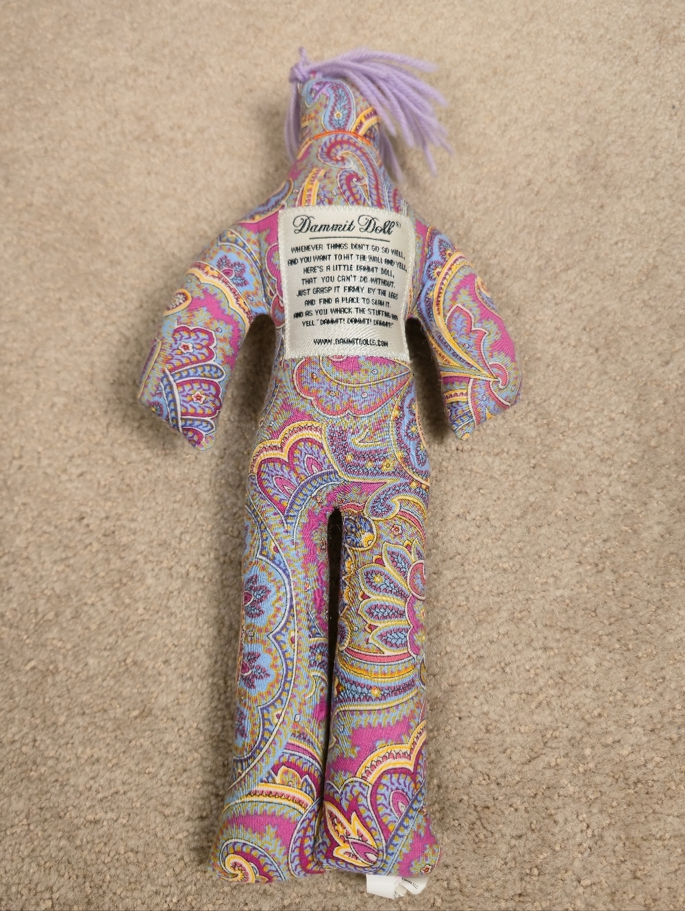 Dammit Doll Stress Relief Plush Doll 13” Tall Pink Paisley Purple Hair